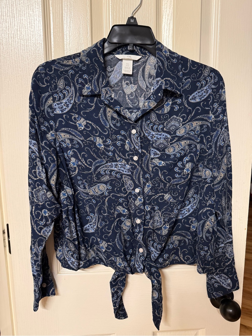 H&M Navy Paisley Tie-Front Button-Up Shirt